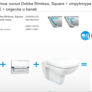 ROCA Структура+бутон Active със стенна тоалетна Debba rimless Square+седалка и капак