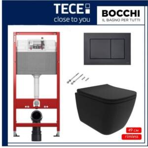 Tece Now с черен бутон и Quadro Rimless 49 см Черен мат Промо Пакет Структура с тоалетна чиния