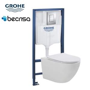 Структора GROHE с квадратен бутон + конзолна тоалетна BECRISA MAGENTA Rimless 53.5 см